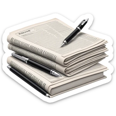 Create an emoji representing journalism and publicistic writing. The design should feature a stack of newspapers as the base, with an open working notebook placed on top of them. A single fountain pen should rest on the very top of the notebook, symbolizing the act of writing. Use neutral, professional colors like black, white, and muted tones to convey a sense of seriousness and intellect. Do not include any emojis or smiley faces. Make the background transparent. sticker