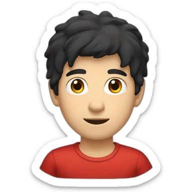 young white man with black hair wearing red tshirt sticker