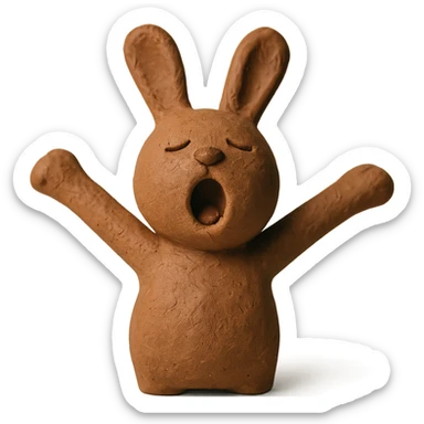 brown bunny stretching arms while yawning, claymation style sticker