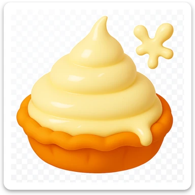 Add a small cream splatter in the top right corner, making sure it matches the natural, smooth, rounded style and lighting of the other pie splatter designs. The splatter should look like it belongs with the rest of the sequence. Keep the playful 3D emoji style, golden brown crust, and the main cream part and drip intact, with transparent background. sticker