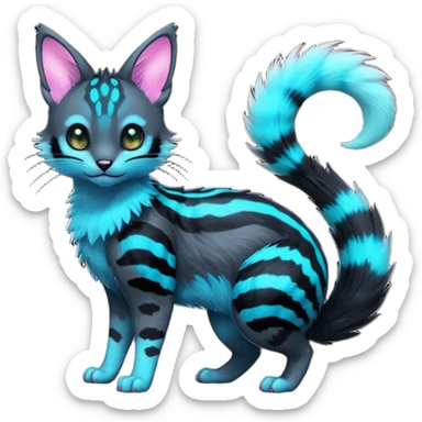  cute adorable pitch-Black-coated fur with glowing bioluminescent random colorful neon-markings iridescent beautiful elegant pretty precious cute young youthful  Fakémon-Pokémon-alien-opossum-feline-serval-caracal-chinchilla-Minccino-hybrid-creature with a big fluffy bushy striped tail (full body) sticker