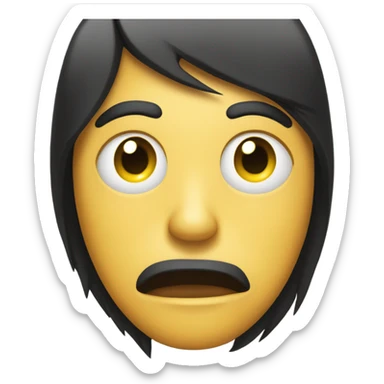 A round yellow emoji with an oversized eye on the left and a straight, black hairstyle partially covering the forehead. The mouth is a neutral line, conveying a sense of indifference or surprise. sticker