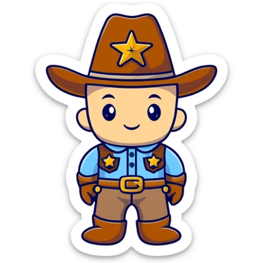 A cartoon stuffed baby cowboy toy with star-shaped patches and a little sheriff badge sticker