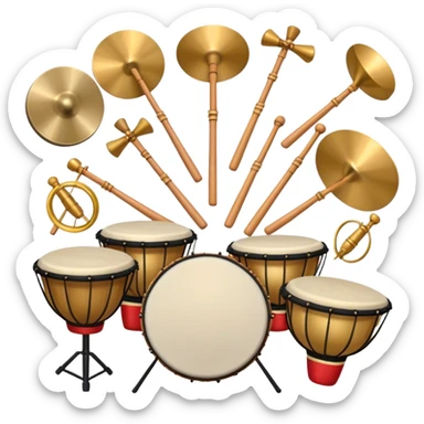 Create a heraldic, festive, and professional emblem-like emoji representing percussion instruments. The design should resemble a traditional crest, featuring a variety of percussion instruments such as cymbals, triangle, tambourine, maracas, timpani, bongo drums, and other traditional folk percussion instruments. Arrange them symmetrically, with cymbals crossing each other, the triangle at the center, and timpani or bongo drums flanking the sides. Include tambourines and maracas prominently, adding rhythm and texture. A flowing ribbon of musical notes should elegantly weave through the instruments, enhancing the sense of movement and celebration. Add intricate decorative patterns on the instruments, along with ornamental swirls, laurels, or flourishes to elevate the festive and heraldic feel. The overall composition should be balanced, harmonious, and visually striking, with an elegant and professional look. The background should be transparent. sticker