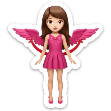 Hada sexy cupido pequeña  de cabello largo lacio castaño con flequillo y ojos cafés  vestida con algo sensual corto color blanco o rojo arco delgado con un color que combinen   y flechas  igual delgadas  que combinen y labios rosas tipo Barbie pero en hada cupido de cuerpo completo ojos sexys  sticker