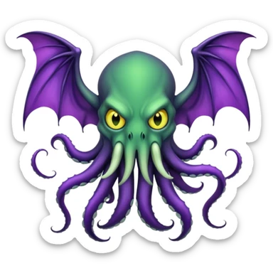 deep green Cthulhu with purple bat wings and purple gradient tentacles. Yellow angry eyes. yellow suckers on tentacles. dramatic ominous shading. two saber-teeth sticker