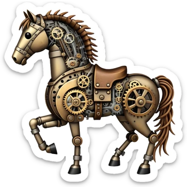 Horse made of visible mechanical parts with gears, cogs, wires, and rope components, steampunk style sticker