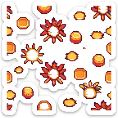 Bomberman horizontal explosion tile, flames extending left to right across full width, bright orange and yellow core with red edges, flames about 60% of tile height, centered vertically, flame wisps details sticker