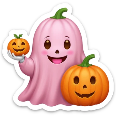 pastel pink ghost with orange pumpkin kawaii style sticker