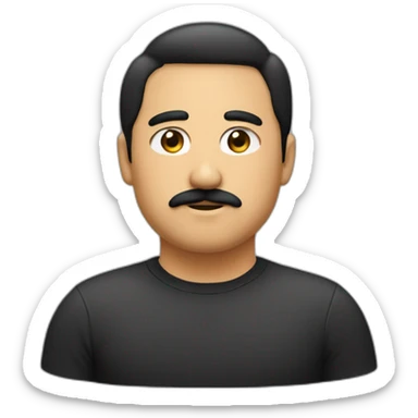 Fat, young, face color light black, eye black, hair black, thin mustache think, sticker