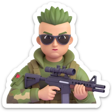 Add camouflage face paint to the muscular soldier, keep the mohawk hairstyle and sniper rifle, preserve 3D emoji style, no background. sticker