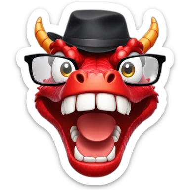 Crazy funny red dragon head with human white teeth and beautiful smile wearing glasses and hat sticker