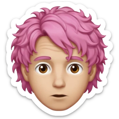 A light-skinned man with moderately curly pink hair, brown eyes and a slightly uneasy expression. sticker