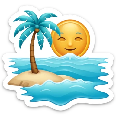 Minimalist sun and palm tree outline icon, thin contour, monoline vector, premium tropical travel emoji, aqua teal and ice blue, transparent background, 512x512 sticker