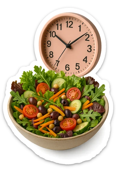 bowl con insalatona e orologio da muro rosa che le fluttua dietro che simboleggia una cena fatta in ritardo iperrealistici sticker