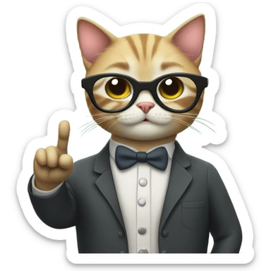 cat wearing glasses and a teacher's suit pointing to a blackboard sticker