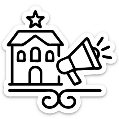 Ícono de real estate que refleje que tenemos un Marketing de lujo con Ejecución impecable, ya que las propiedades de nuestros clientes no solo se publican, sino que se les hace promoción activamente. Nuestro equipo especializado es experto en vender propiedades como lo hacen las marcas de lujo: con estrategia, estética y storytelling. sticker