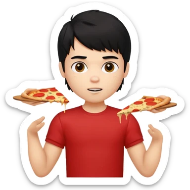 generate a pretty fair bratz boy with a messy mullet (black hair), wearing a red tshirt. eating pizza. He has big biceps sticker