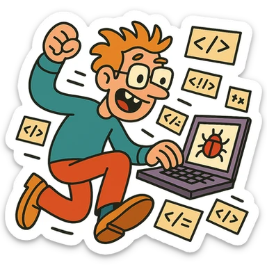 wacky programmer with buggy code flying around sticker