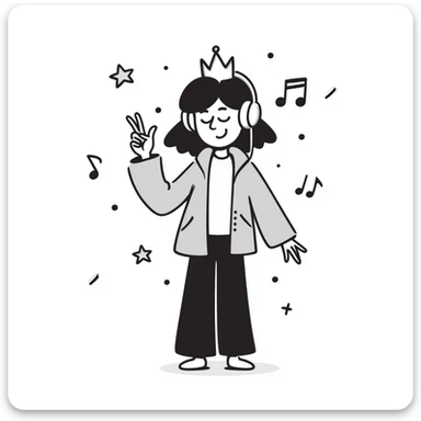 classic kids coloring fun style, line art coloring page of a smiling girl with a crown, headphones, hip-hop jacket, sneakers, giving a big peace sign, surrounded by floating music notes and stars, pure line art only, no shading, no borders, no grayscale, no solid black fills, portrait 1024x1536 sticker