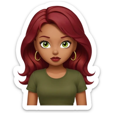 a pretty fair bratz girl with wavy dark red hair, wearing a black tee. eyeliner on, olive green eyes. Till stomach sticker