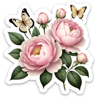 A vintage-inspired botanical illustration on aged parchment, featuring meticulously hand-drawn soft pink roses and lush white peonies with golden ink accents, while a pearl butterfly appears as if painted delicately onto the page.
 sticker