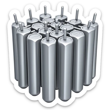 A bundle of thin uranium fuel rods used in a nuclear reactor, with a metallic silver or gray structure, cylindrical and slender rods, arranged in a hexagonal grid, realistic and industrial style, no green color, only metallic shades sticker