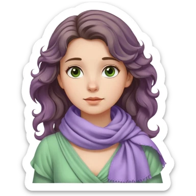 A girl with wavy hair, a lavender scarf around her neck, and a soft green dress, gazing into the distance. sticker