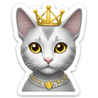 gray and white tuxedo cat with yellow eyes wearing a princesscrown  sticker