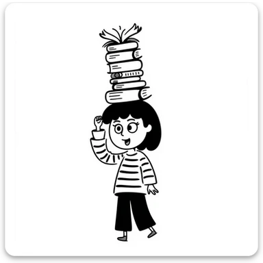 a person balancing a stack of books on their head, eyes wide and tongue out, playful doodle style sticker