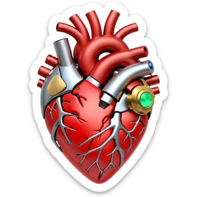 3D render of Mechanical Heart, futuristic cyborg aesthetic, fusion of organic skin and chrome metal, gold brass valves mixed with red muscle tissue, exposed wiring, emoji style, isolated on white background --v 6.0. sticker