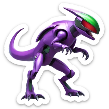 a shiny purple-green-red Genesect-Raptor-Fakémon—hybrid with a futuristic visor-helmet full body sticker