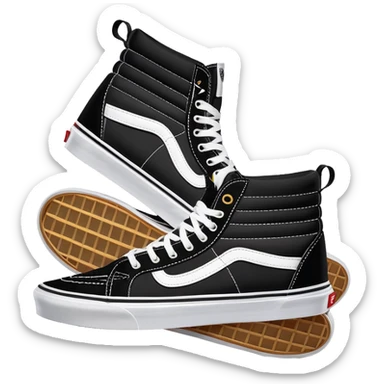Black Vans Sk8-Hi shoes arranged as a neat pair with the back shoe slightly offset behind the front one, detailed high tops with signature white stripe and waffle soles sticker