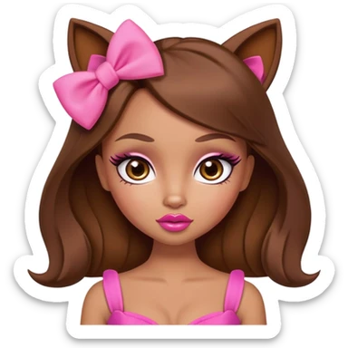 Bratz doll character with brown hair, pink bow, large lips, and almond-shaped foxy eyes sticker