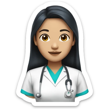 Asian nurse with long straight black hair and tan skin and clear glass in scrubs sticker