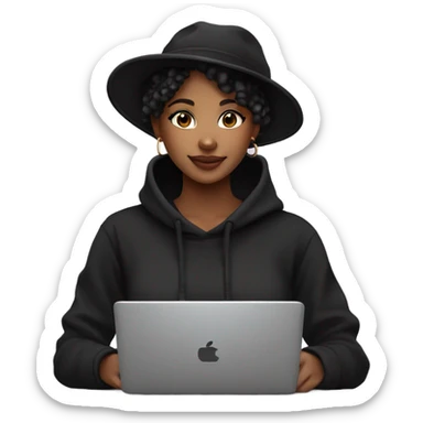 pretty african american girl with black hat and black sweatshirt hoodie pixie cut with laptop sticker
