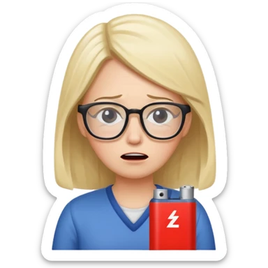 A kindergardenteacher with an empty battery icon above their head an exhausted and stressed face sticker