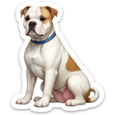 cinematic-[american bulldog]-realistic-full-body-sitting-emoji,-tail-resting-loosely-beside-its-paws,-head-tilted-dramatically,-sleek-[solid white]-fur,-simplified-yet-realistic-focused-features,-highly-detailed,-glowing-with-an-almost-sarcastic-glow sticker
