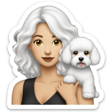 mujer piel blanca pelo negro largo con perro bichon blanco sticker