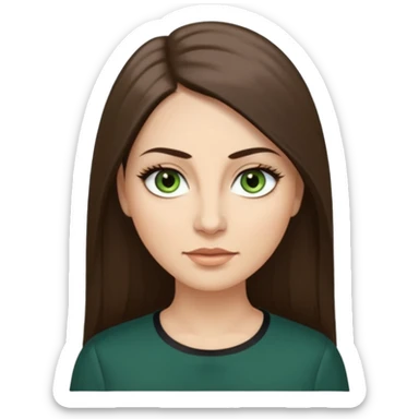 40 year old Adult woman avatar, light skin tone, long, oval face, long straight ashy brown hair, green almond-shaped eyes with dramatic eyelashes and minimal eyeliner, neutral mouth, medium straight eyebrows, small nose, smooth skin sticker