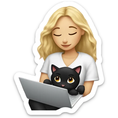 Blonde girl and black cat cozy under blanket with journal and laptop sticker