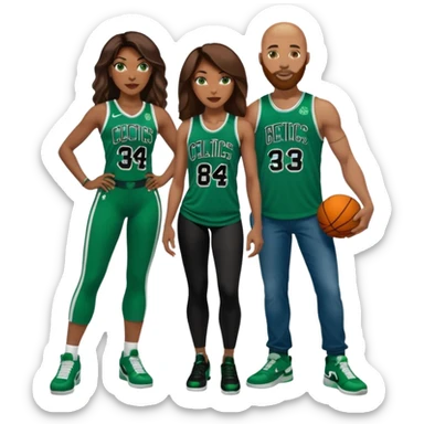 A couple: 48-year-old black woman with brown eyes, long dark brown balayage hair dressed in sexy 
celtics jersey costume outfit and stilettos with bald white man with ginger beard, and blue eyes, and a Jason Tatum Boston Celtics Jersey, jeans and Nike sneakers  sticker