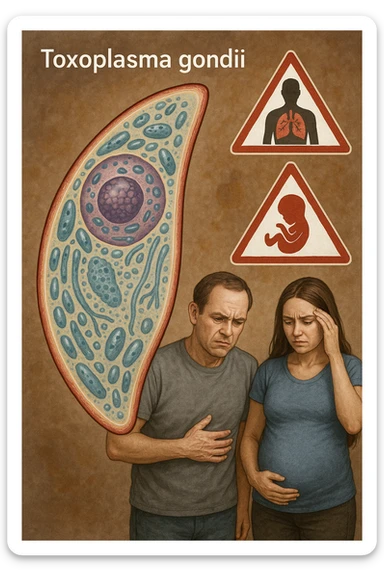 Toxoplasma gondii, infetta uomo immunodepresso e donne incinta. Causando gravi problemi tutto scritto in italiano immagine realistica sticker