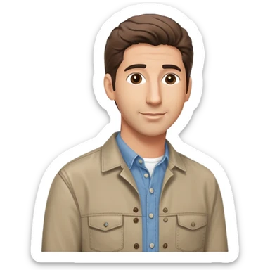 handsome Ross Geller from Friends TV show with well-styled brown hair and attractive features in casual clothes, button-up shirt and jeans sticker