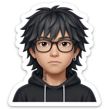 japan boy with spiky long hair and black hoodie zip one-sided earrings tattoo with the word "hope". cool face wear glasses sticker