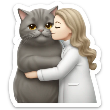 British shorthair grey cat kissing brown long hair white woman sticker