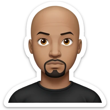 đàn ông 30 tuổi, da đen, đầu trọc, râu quai nón đen, có hình xăm trên mặt, áo đen, mặt nghiêm túc sticker