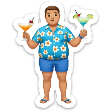 chubby guy full figure in a flowered azure havai shirt, brown shorts and flippers holding a cocktail sticker