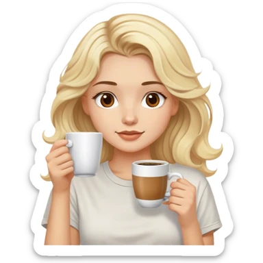 blonde model, brown eyes, medium length wavy hair, comfy t-shirt, drinking coffee sticker