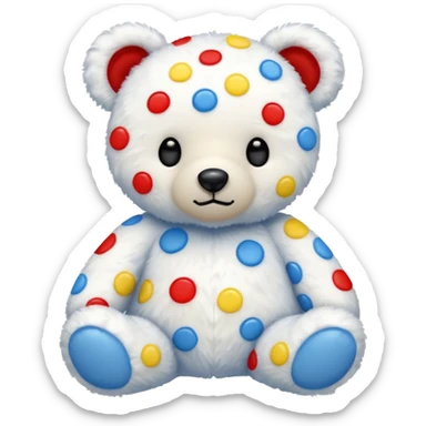 White teddy bear covered with blue, red and yellow spots sticker